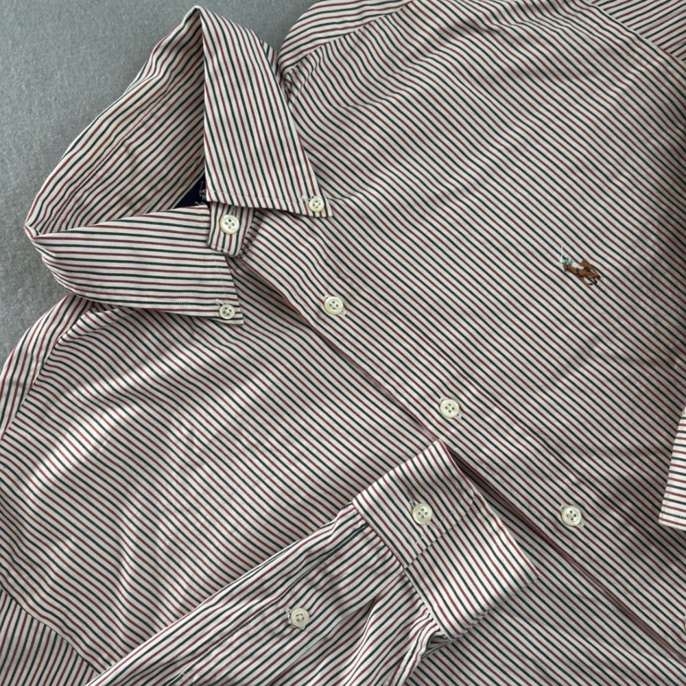 Ralph Lauren Yarmouth Mens 15.5 33 Red Navy Striped Cotton Button Down Shirt